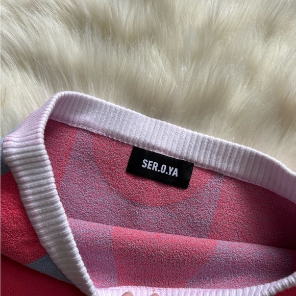 SER.O.YA Gretchen Terry Cloth Mini Pencil Skirt Light Blue Coral Block Pattern - Picture 3 of 4